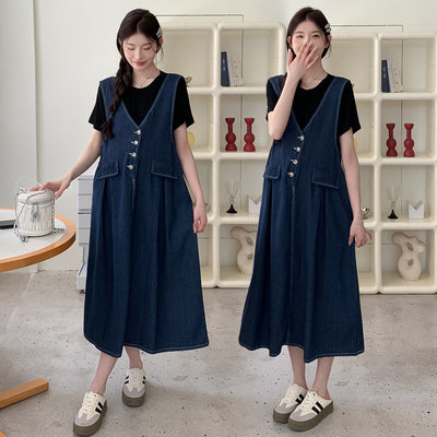 Conjunto de Dos Piezas: Falda Denim con Chaleco y Camiseta Base Talla Grande