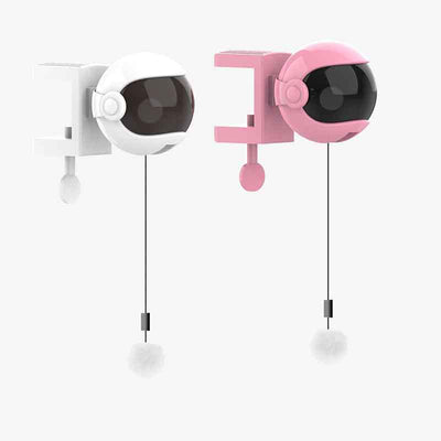 Pink automatic lifting cat toy with a black visor-like front, a clamp, and a white fluffy ball on a string. - Image 4