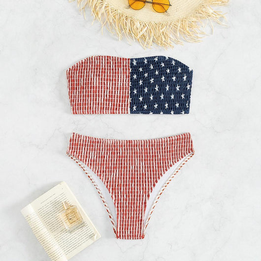 Women's two-piece bikini swimsuit with an American flag design, featuring a shirred bandeau top and high-waisted bottom. - Image 10