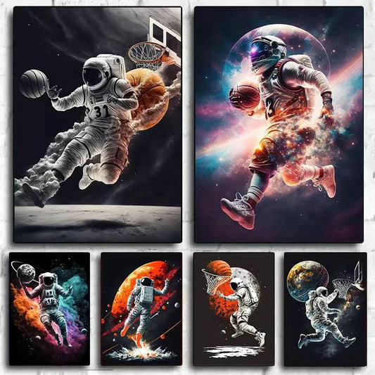 Póster Colorido: Astronautas Jugando Baloncesto en el Espacio