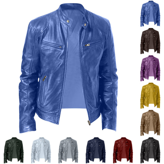 Chaqueta de Cuero para Hombre con Cuello Alto Estilo Punk