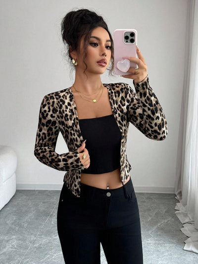 Cardigan Blusa Manga Larga Estampado Leopardo con Contraste de Colores para Mujer - Image 11