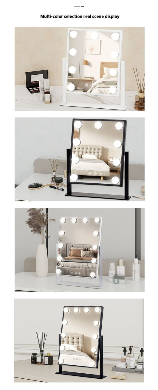 Black desktop LED light mirror with nine bright bulbs, smart touch controls, and stepless dimming for dressing. - Image 15