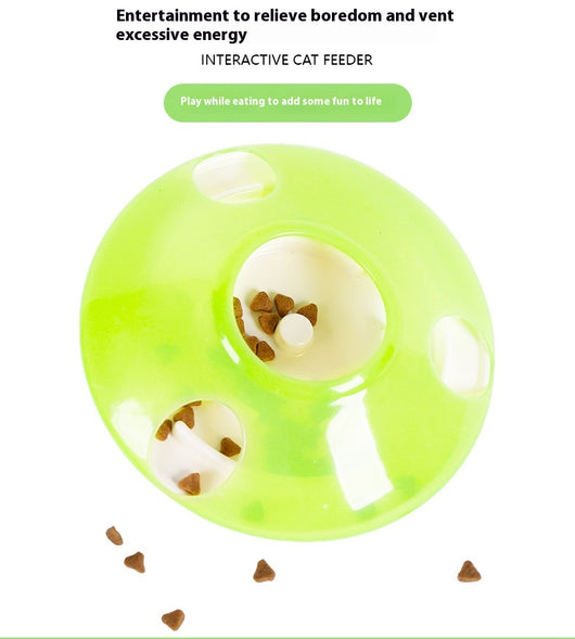 Green and white pet toy, a round food dispenser with multiple openings and a central spinning element for cats. - Image 15