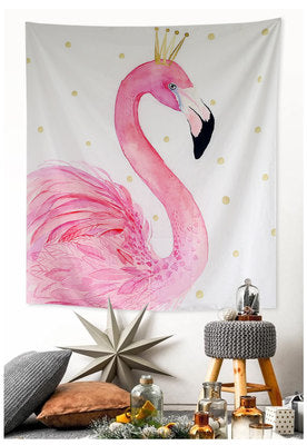 Tropical leaf and pink flamingo tapestry with "GOOD MORNING" text, hanging above a bed in a bright room. - Image 19