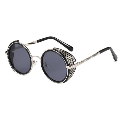 Round gold-framed sunglasses with light blue lenses and decorative side shields, featuring black temple tips. - Image 12