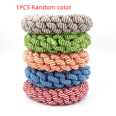 Stack of five durable braided rope dog toys in brown, green, orange, blue, and red, suitable for chewing. - Image 6