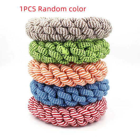 Stack of five durable braided rope dog toys in brown, green, orange, blue, and red, suitable for chewing. - Image 6