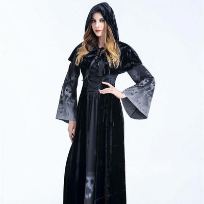 Disfraz de Bruja Gótica Medieval Maleficent - Vestido Negro Largo con Capucha para Halloween y Carnaval - Image 10