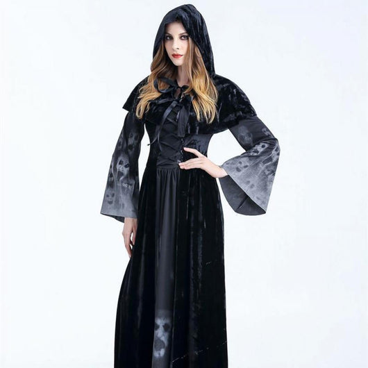 Disfraz de Bruja Gótica Medieval Maleficent - Vestido Negro Largo con Capucha para Halloween y Carnaval - Image 10