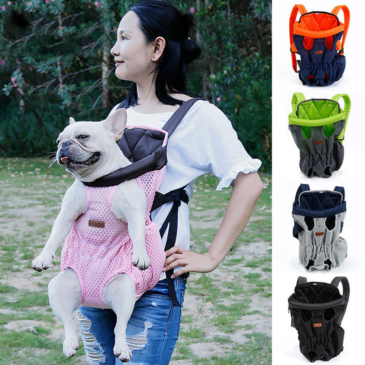 Navy blue mesh pet carrier backpack with leg holes and a light blue portable pet water bottle with a transparent reservoir. - Image 25