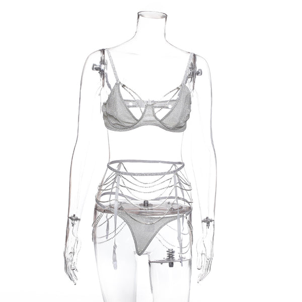 Bikini Bandeau con Brillantes y Malla Transparente