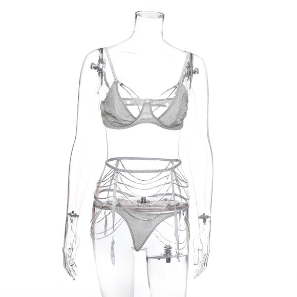 Bikini Bandeau con Brillantes y Malla Transparente