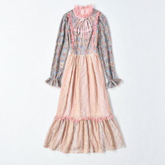 Vestido Maxi con Cuello Alto, Encaje Loto y Estampado Patchwork - Image 24