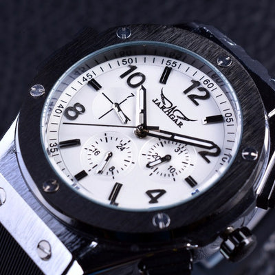 Reloj Automático Mecánico de Lujo Seis Agujas Esfera Blanca Correa Negra