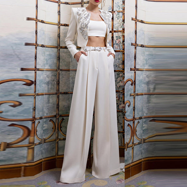 Traje Elegante de Estilo Británico con Chaqueta Corta Bordada y Pantalón Ancho - Image 3
