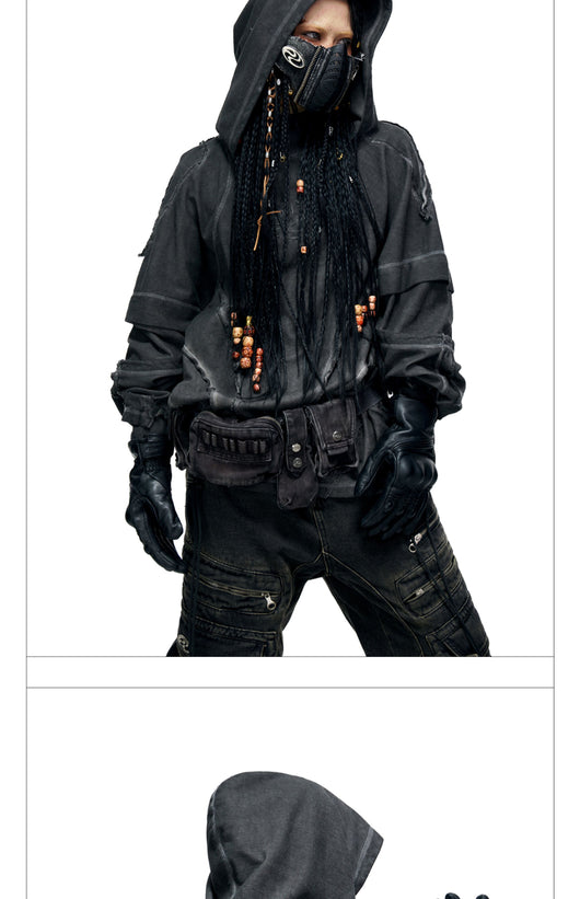 Sudadera con Capucha Desgastada de Estructura Dividida y Teñido Fracturado para Hombre - Image 9