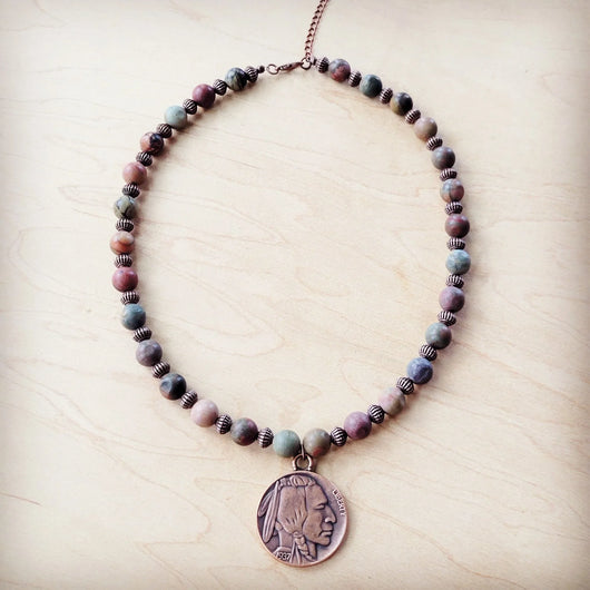 Colar Genuíno de Jaspe Picasso com Pingente de Cabeça de Índio 261h