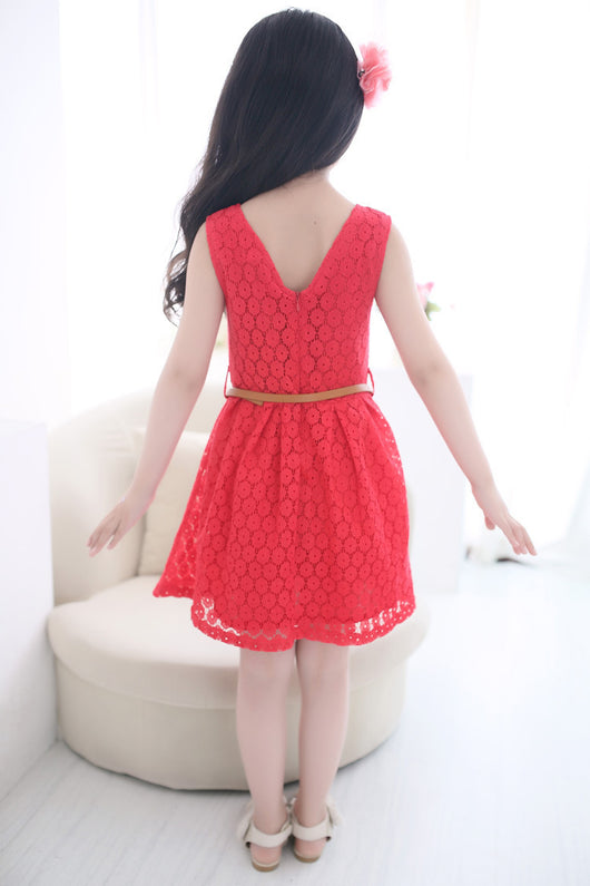 Vestido Princesa Niña con Chaleco de Encaje Calado y Cinturón - Image 8
