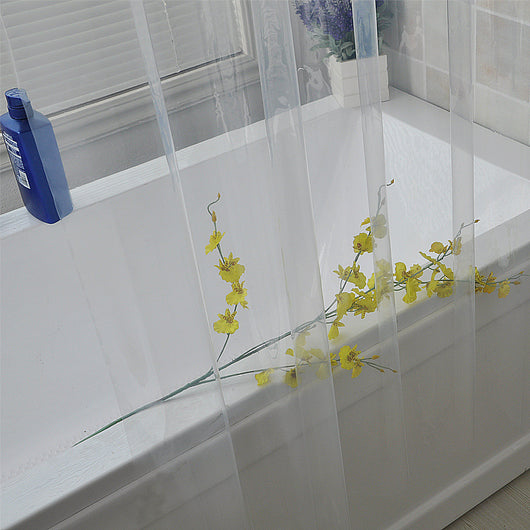 Transparent PEVA shower curtain with stainless steel grommets and hooks on a silver shower rod. - Image 3