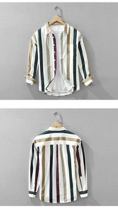 Camisa Manga Larga a Rayas Hombre Cuello Cuadrado Suelta Casual Artística - Image 10