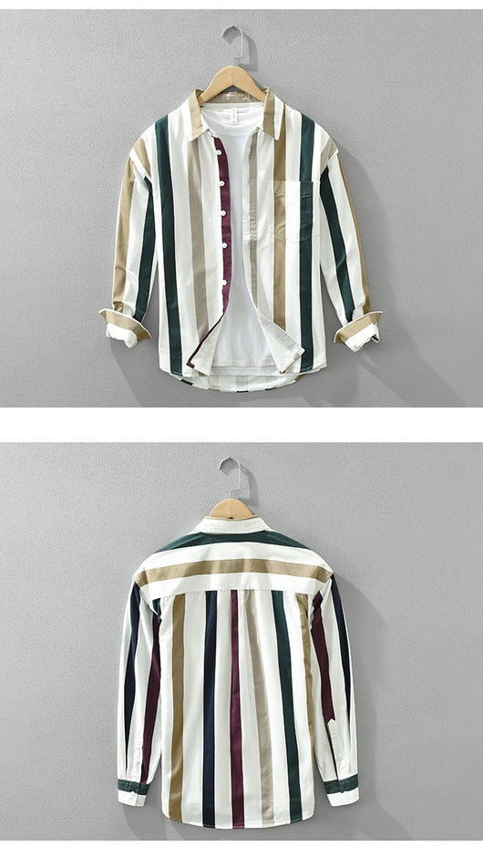 Camisa Manga Larga a Rayas Hombre Cuello Cuadrado Suelta Casual Artística - Image 10