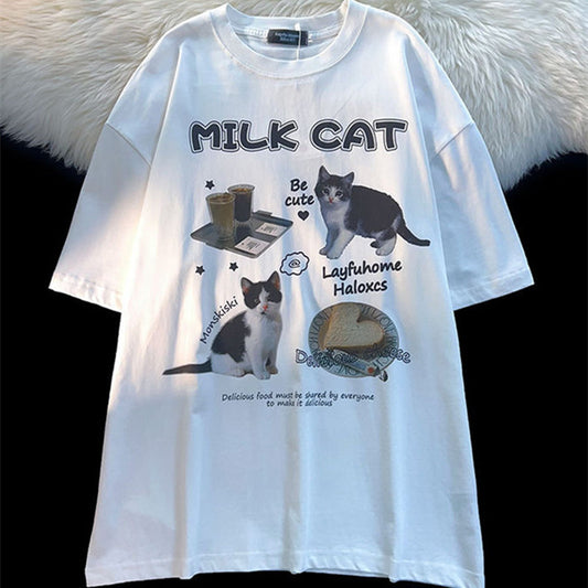 Playera de Gato Cartoon Cuello Redondo Manga Corta Unisex