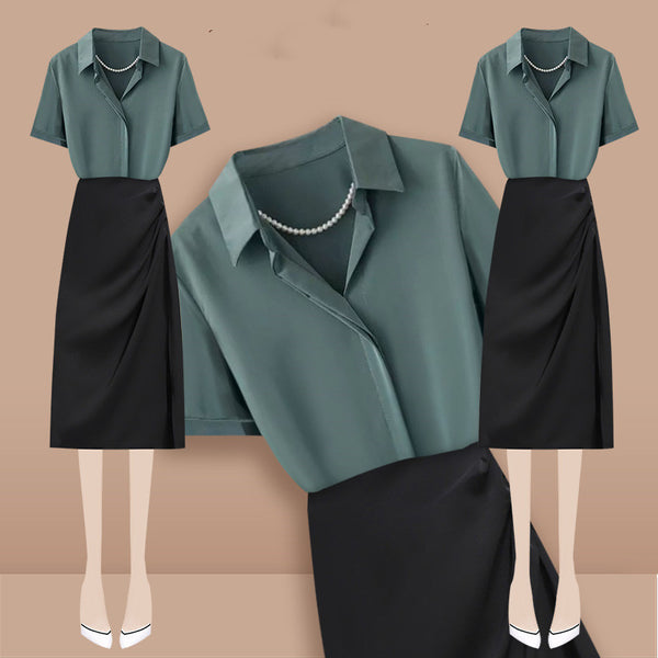 Blusa Satinada de Manga Corta con Cintura Alta para Mujer