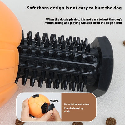 White and black dog toy with a soccer ball base and a textured rod for nibbling and teeth grinding. - Image 2