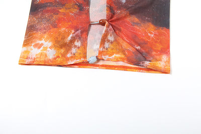 Women's fashionable three-piece bikini set with an abstract orange, brown, and blue print. Features a triangle top, mesh mini skirt, and lace-up details with be - Image 30