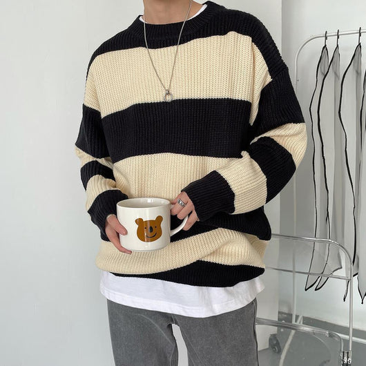 Suéter Holgado de Cuello Redondo con Rayas para Hombre - Estilo Casual Otoño Invierno - Image 5