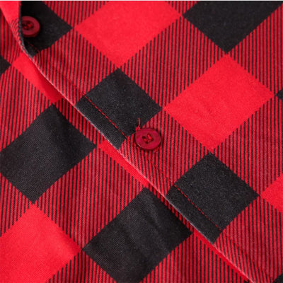 Red and black buffalo plaid family pajama sets, including adult tops and bottoms, kids' pajamas, and a baby romper. - Image 6
