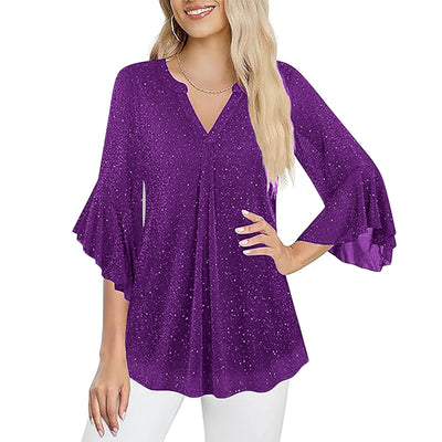 Blusa Suelta de Malla Plateada con Cuello V y Mangas 3/4 Pétalos - Image 42
