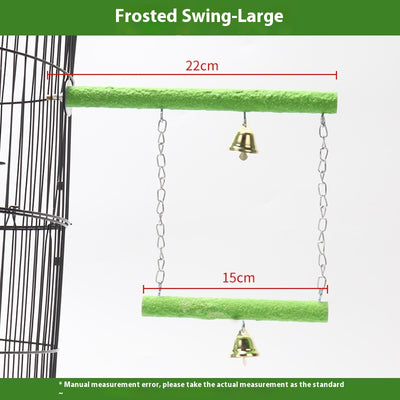 Colorful parrot swing toy with a natural wood perch, an arch of multicolored beads, and two small bells. - Image 7
