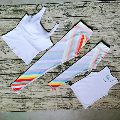 Parent-child dance fitness yoga suit with black tank tops and vibrant pink, orange, and green striped leggings. - Image 15