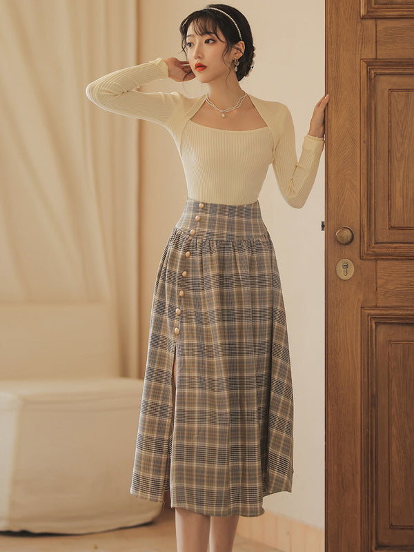 Conjunto Falda Cuadrille Retro Elegante - Blusa y Falda Plisada de Temperamento