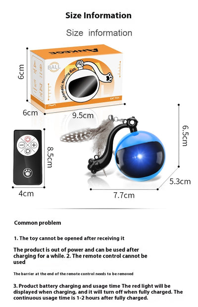 Blue and black rotating cat teasing ball with light, sound, and feather toy, controlled by a remote. - Image 6