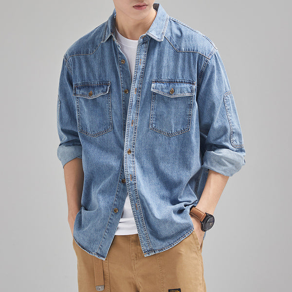 Camisa Denim Holgada Estilo Japonés Talla Grande Manga Larga