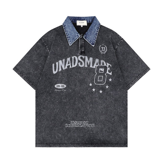 Playera Denim Lavada con Estampado de Letras y Contraste de Colores - Image 9
