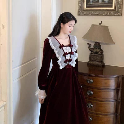 Vestido Retro Francés Vino Midi - Diseño Romántico Fairy