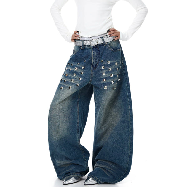 Pantalones Vaqueros Desteñidos para Mujer con Diseño de Remaches Estilo Americano y Detalles Rasgados