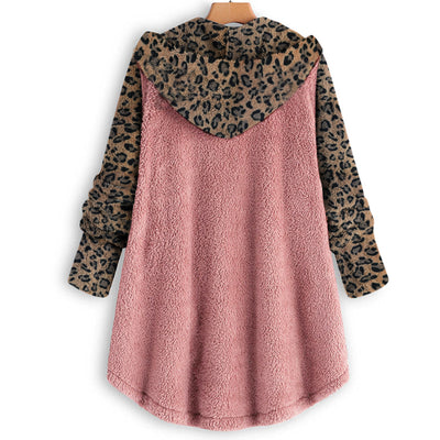 Abrigo Largo con Capucha y Empalme de Leopardo en Felpa para Mujer - Image 13