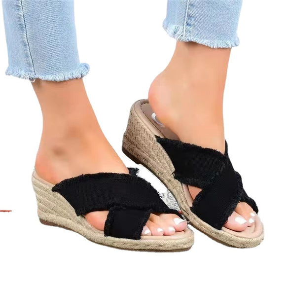 Pantuflas de Tacón Alto con Trenzado de Cáñamo y Denim Ligero