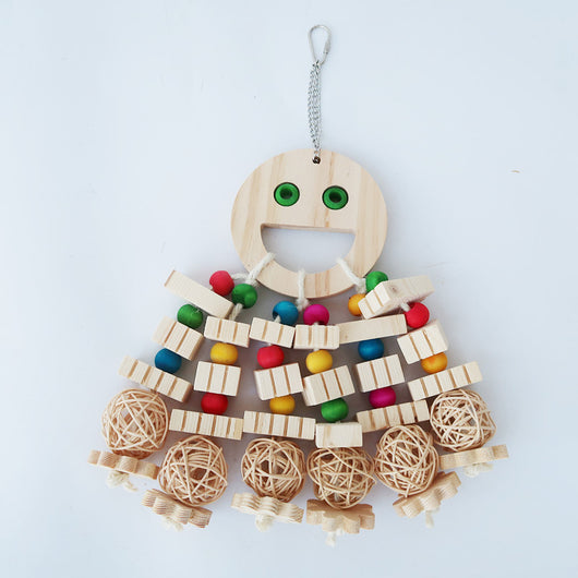 Natural wood parrot toy with a smiley face, colorful beads, wooden blocks, and rattan balls, hanging from a chain. - Image 7