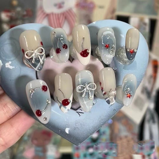 Uñas Postizas Degradado Azul Francés con Moño de Cereza - Image 8