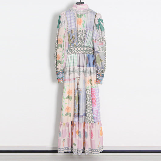 Vestido Largo Estilo Resort con Cuello de Pie y Mangas Largas Estampado para Mujer - Image 11