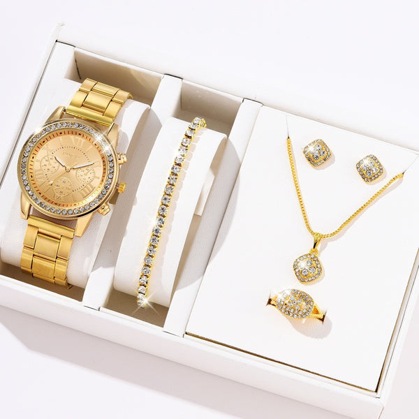 Conjunto de Lujo Combinable con Diamantes y Brillantes Grandes para Mujer - Caja de Cinco Piezas