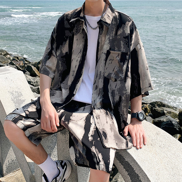 Conjunto de Playa para Hombre - Camisa Estampada y Pantalones Cortos Seda de Hielo Verano