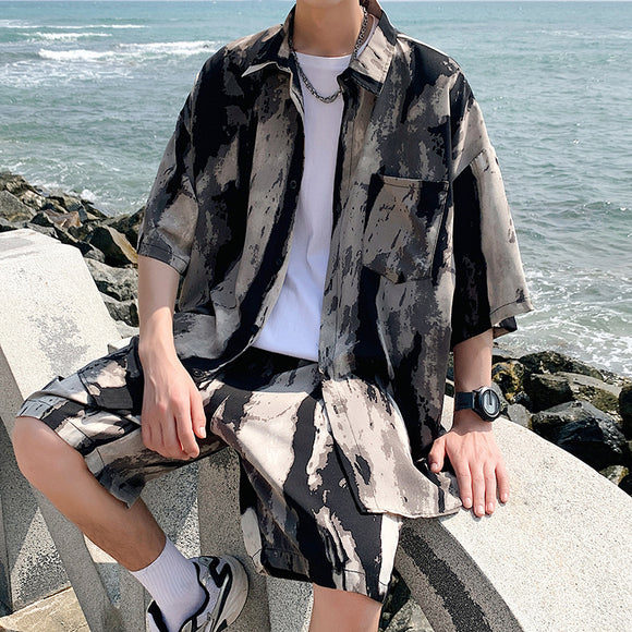Conjunto de Playa para Hombre - Camisa Estampada y Pantalones Cortos Seda de Hielo Verano