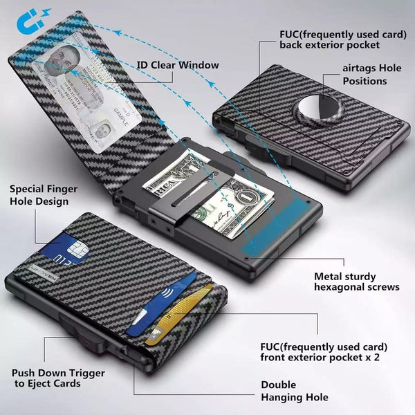 Cartera Hombre Portacédulas Gran Capacidad Fibra Carbono Metal